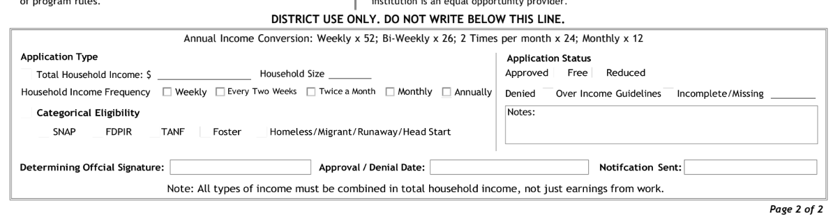 Blank example of the second page of a school meal application, with the Approved, Free, and Reduced status fields in the upper-right section.